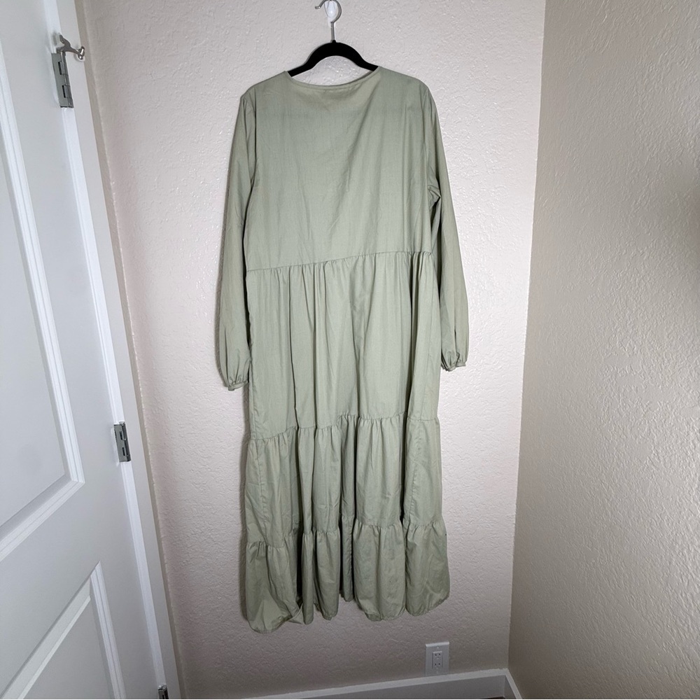 ASOS Sage Green Long Sleeve Tiered Dress Size 14 Modest Bohemian Casual Prairie - Picture 3 of 9